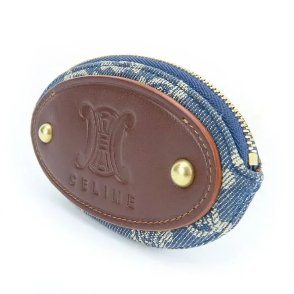 Celine Coin Case Macadam Denim Leather Blue Brown Gold Hardware Key Ring Small - Picture 2 of 9